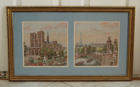 PAIR VINT FRENCH TAPESTRIES FRAMED AS ONE EIFFEL TOWER